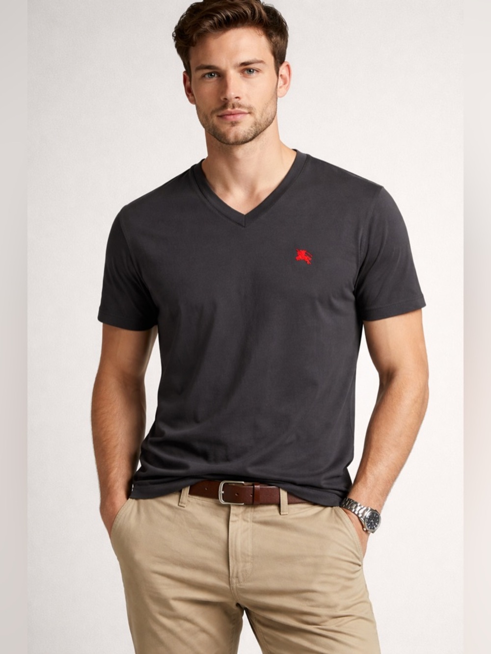Burberry Men’s Black V-Neck T-Shirt Red Logo Cotton Tee size medium